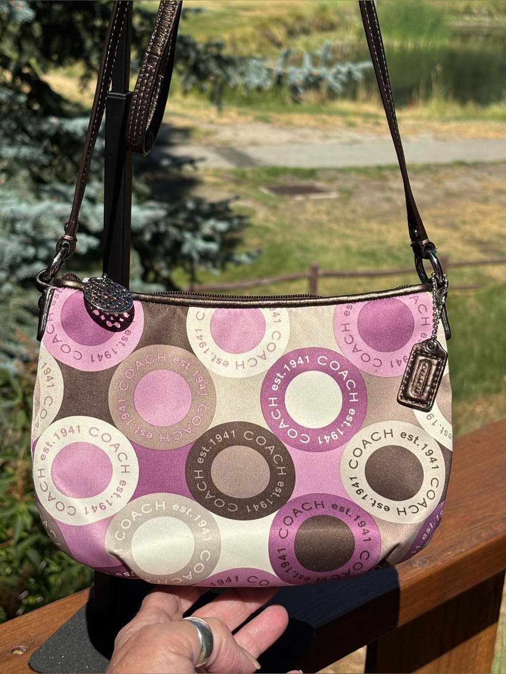 COACH Pink, Purple & Brown Circle Print Shoulder Bag